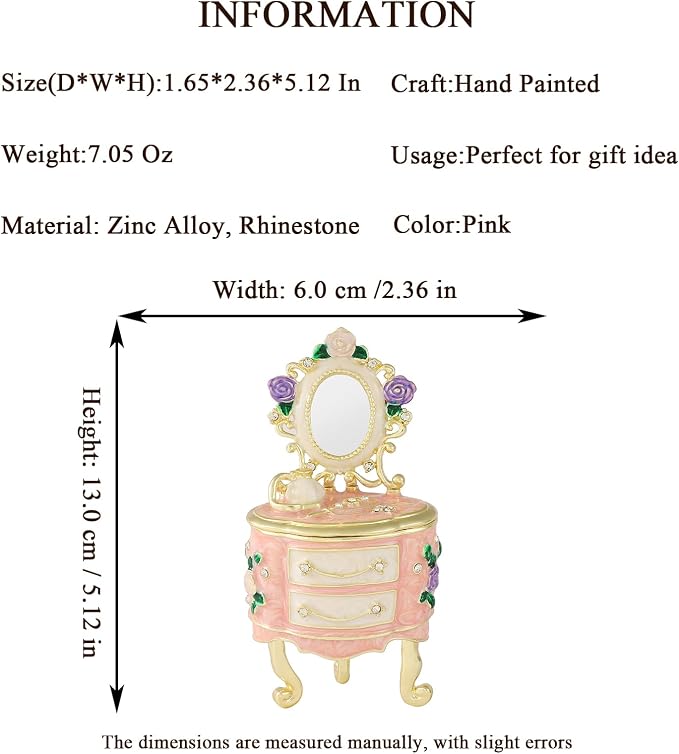 QIFU Hand Painted Pink Dressing Table Style Enamel Trinket Box Hinged, Elegant Small Jewelry Box