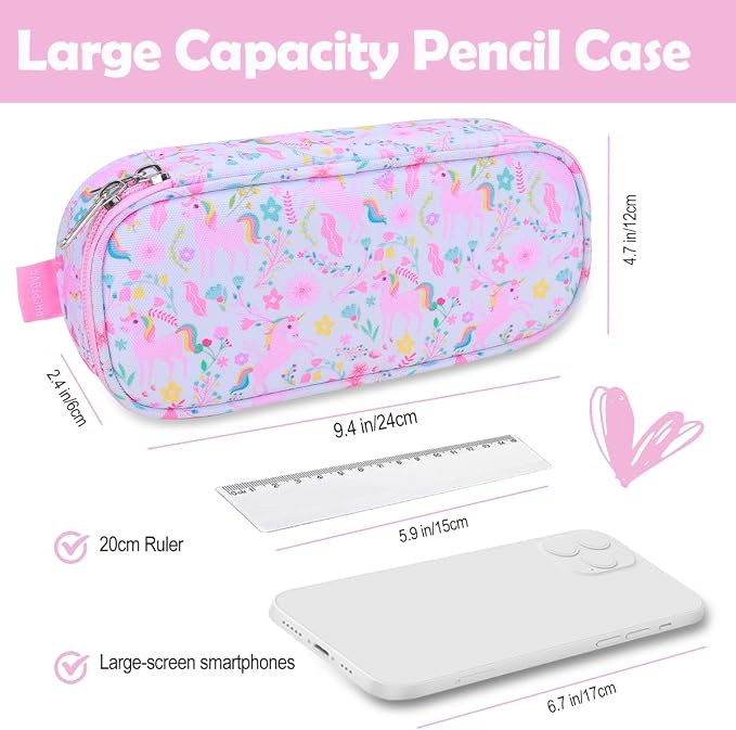 RHCPFOVR Kids Pencil Case for Girls-Soft Zipper Large Capacity Pencil Pouch for Girls Pencil Case for School Pencil Bag for Toddler (Pink Unicorn Garden)