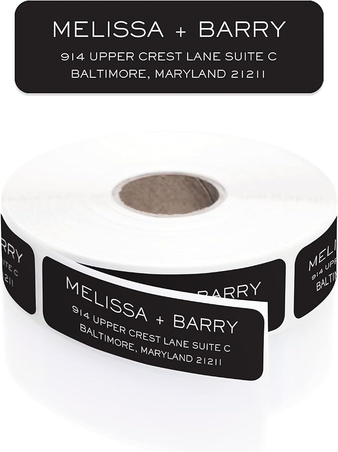 Striking Black Modern Rolled Address Labels/Roll of 250 Personalized Address Labels/Designer Return Address Stickers in Elegant Plastic Dispenser