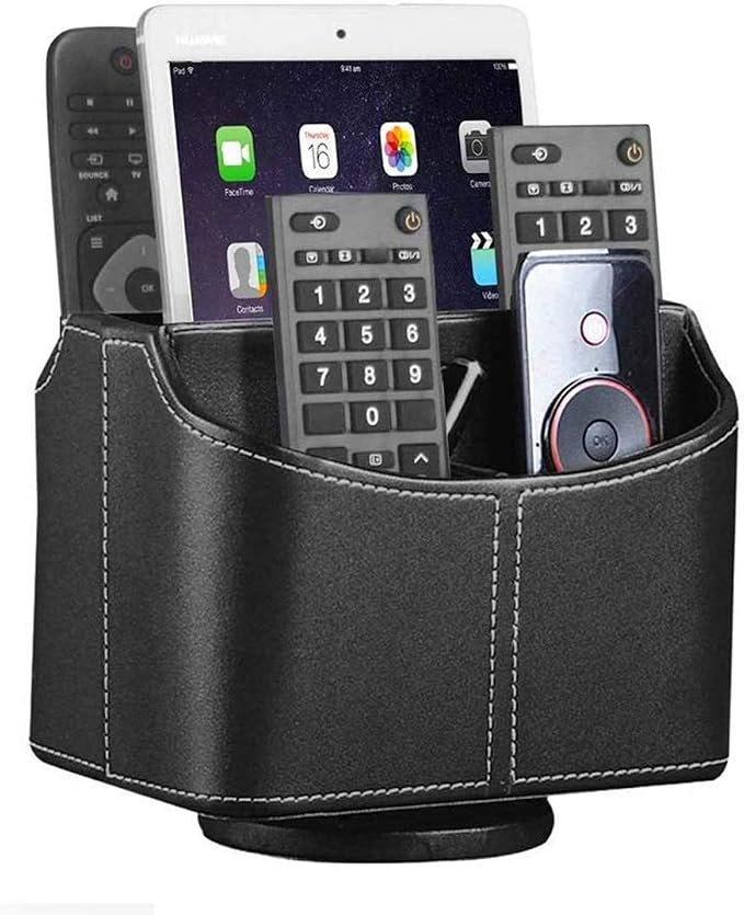 YAPISHI Leather Remote Control Holder, 360 Degree Spinning Desk TV Remote Caddy/Box,Bedside Table Organizer for Controller, Media, Mail, Calculator, Mobile Phone and Pen Storage