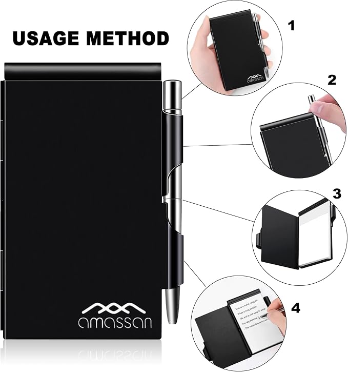 amassan Metal Small Notebook, Mini Notepad, Small Pocket Notepad Aluminum Note Case with Mini Metal Pen and 60-Page Sheets - Memo Books Note Pads (2pcs-Black+Black)