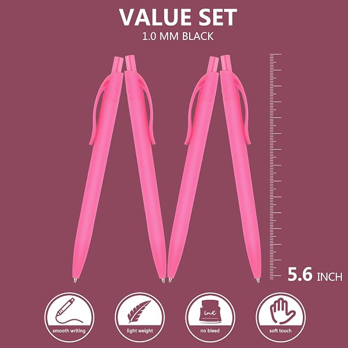 Deegtran Pens Bulk, 100 Pack No Bleed Pink Barrel Click Pens, Medium Point, Smooth Ink, 1.0MM Black Ink