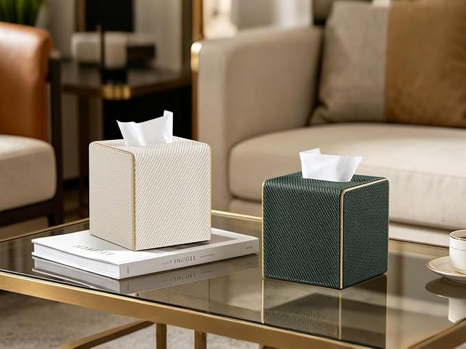 Square PU Leather Tissue Box Cover with Magnetic Closure, Decorative Tissue Holder & Storage Container for Bedroom, Living Room, Dining Room, Bathroom, Countertop, Desk (Square Dark Green Twill)