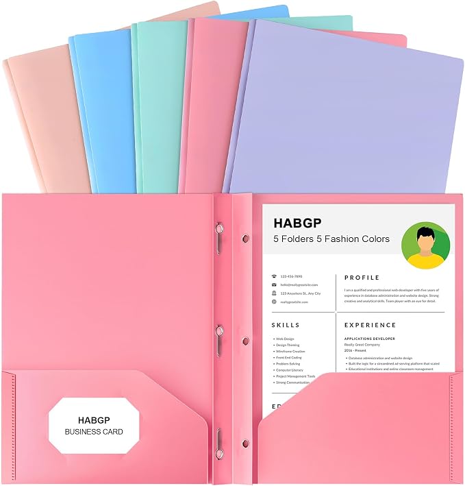 2 Pocket Folder with Prongs (5 Pack, Pastel), Plastic Folders with Pockets | Pastel Colors, Business Card Holder, Fit Letter Size, Organizing Papers, in School, Office, Business