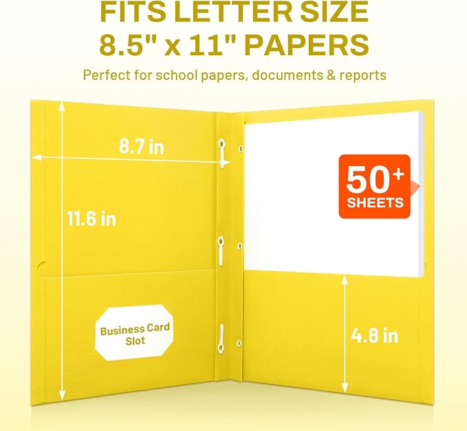 SUNEE 2 Pocket Folders with Prongs (25 Pack, Yellow), Paper Folders with 2 Pockets and 3 Prongs Fit Letter Size Paper, Folders with Prongs for School Office Home Business