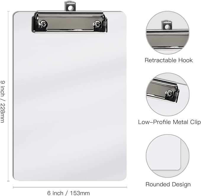 Hongri Plastic Small Clipboard, White A5 Memo Size Clip Board | Mini Size 6 x 9 in for Students, Teacher, Women, Office & School Supplies