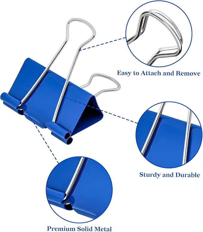 Temiary 24 Pcs Binder Clips, 1.26 Inch Medium Metal Binder Paper Clip with Container, Blue Paper Clamps Bulk for Office, Home, School Supplies