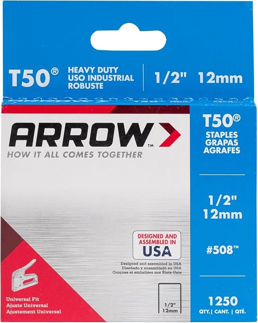Arrow 508 Heavy Duty T50 1/2-Inch Leg Length, 3/8-Inch Crown, Staples for Upholstery, Construction, Furniture, Crafts, 1250 Count(Pack of 1) | Heavy Duty, For Upholstery, Construction, Furniture, Crafts, Fit Arrow T50 Staple Guns, Hammer Tackers and Pn...