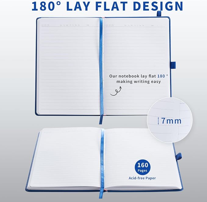 Heture Hardcover Notebooks, A5 Lined Journals Notebook for Writing 160 Pages, 8.2 x 5.5 inch, Classic Ruled Notebooks for College/Work/Travel (Blue, 1 Pack)