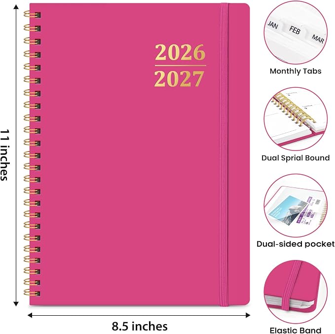8.5" x 11" Academic Planner 2026-2027, Weekly & Monthly Calendar Planner Book, July 2026 – June 2027, Large Hardcover Organizer with Tabs, Perfect for Teachers, Students, Women & Men – A4, Hot Pink