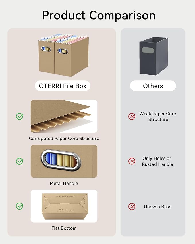 Oterri File Organizer Box, Portable Collapsible Cardboard File Folder Organizer with Handle for Letter Size Hanging Files, Document Storage Box for Home Office & Classroom (4 Packs, Brown)