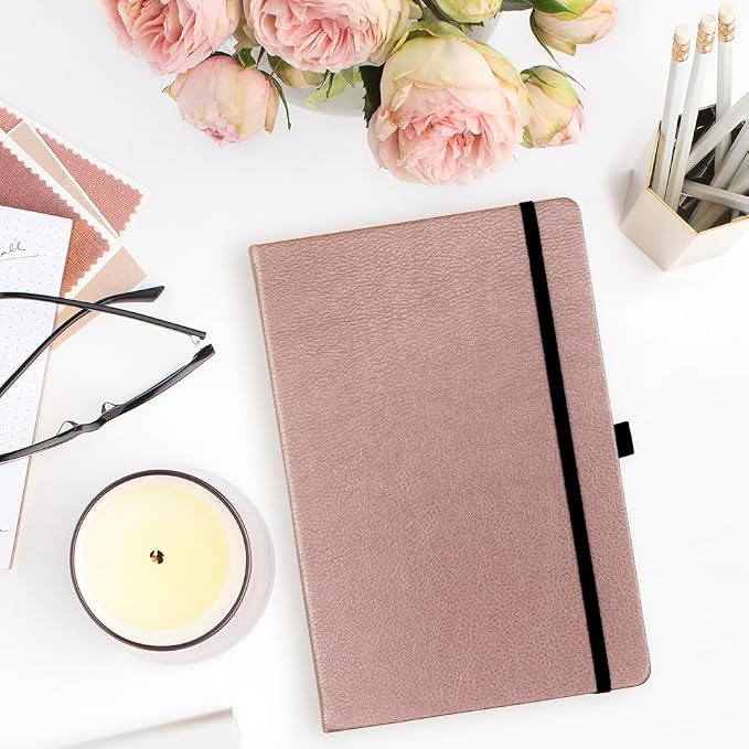 RICCO BELLO Lined Journal Notebook, Rose Gold, 5.7 x 8.4-Inches | Faux Leather Hardcover, Pen Holder, College Ruled, 96 Sheets / 192 Pages, For Work & Notes