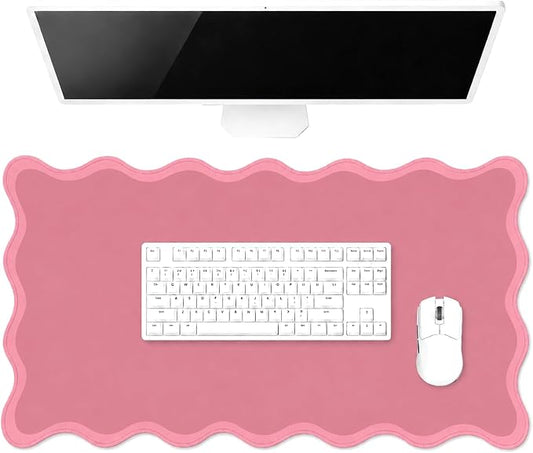 Hahafelt Scalloped Desk Mat Large Desk Pad Cute Coquette Table Mat Back to School Preppy Table Make up Pad Nonslip Graduation Gift with Stitching Waterproof Gaming(Dark Pink,31.5 x 15.8 Inches)