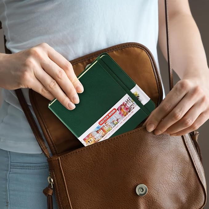 5x5" Pocket Sketch Book,80gsm Hardcover Art Sketchbook for Drawing Journal | PU Cover,Blank Paper,96Sheets/192Pages,Lay-Flat,Portable Travel Creation Paint Diary Memo Planner,Dry Media.Dark Green