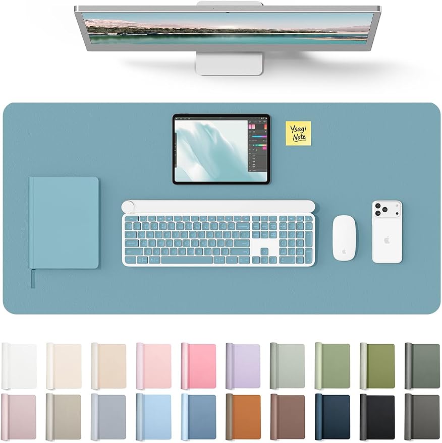 YSAGi Leather Desk Pad Protector, Office Desk Mat, Large Mouse Pad, Non-Slip PU Leather Desk Blotter, Laptop Desk Pad, Waterproof Desk Writing Pad for Office and Home (Aquamarine, 31.5" x 15.8")