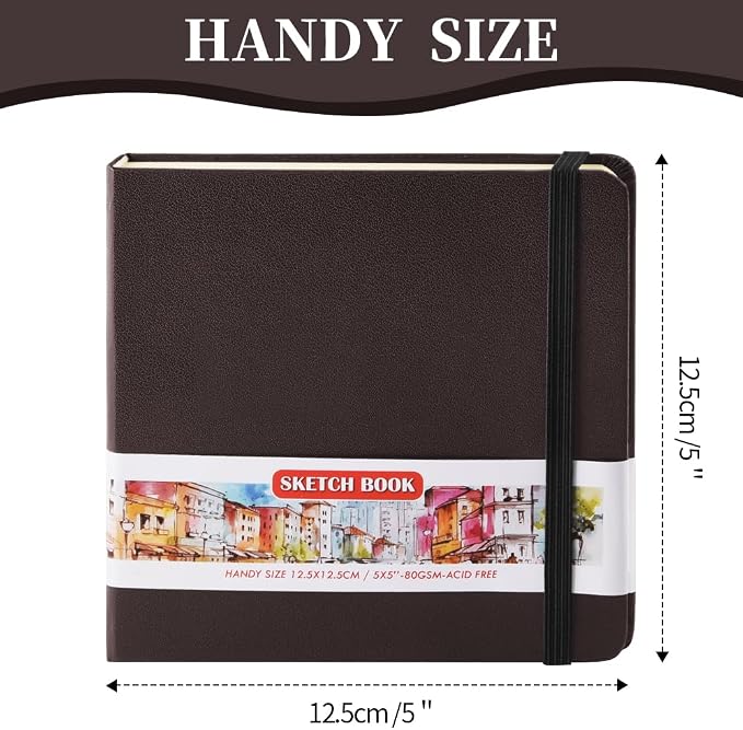 5x5" Pocket Sketch Book,80gsm Hardcover Art Sketchbook for Drawing Journal | PU Cover,Blank Paper,96Sheets/192Pages,Lay-Flat,Portable Travel Creation Paint Diary Memo Planner,Dry Media.Dark Brown
