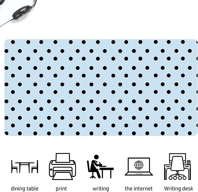 Black Polka Dot Leather Desk Mat Extended Gaming Mouse Pad | Non-slip Large Writing Pad Laptop Blotter Computer Keyboard Mat | Cute Blue Desk Protector for Home Office 31.5" x 15.7"