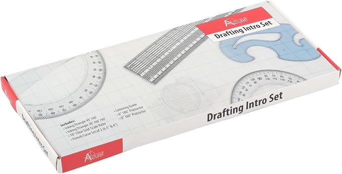 Acurit Drafting Introduction Set of 8 - Professional Drafting Tools for Architects & Artists: Includes Triangles, Grid-Scale Ruler, Lettering Guide, Protractors & French Curves - Drafting Kit