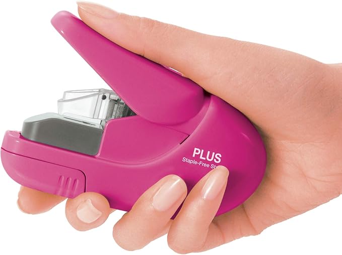Plus Paper Clinch Compact Staple-Free Stapler, Heavy Duty, Pink