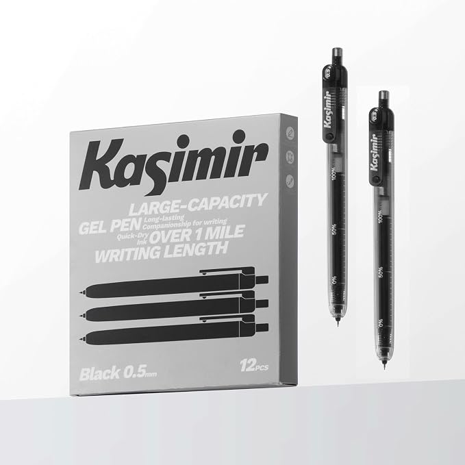 Kasimir Large Capacity Gel Ink Pens - Super Long 1+ Mile Writing Black Pens, 0.5mm Quick-Dry Ballpoint Pen Bulk for Office Journaling School Classroom, 12 Count