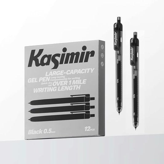 Kasimir Large Capacity Gel Ink Pens - Super Long 1+ Mile Writing Black Pens, 0.5mm Quick-Dry Ballpoint Pen Bulk for Office Journaling School Classroom, 12 Count