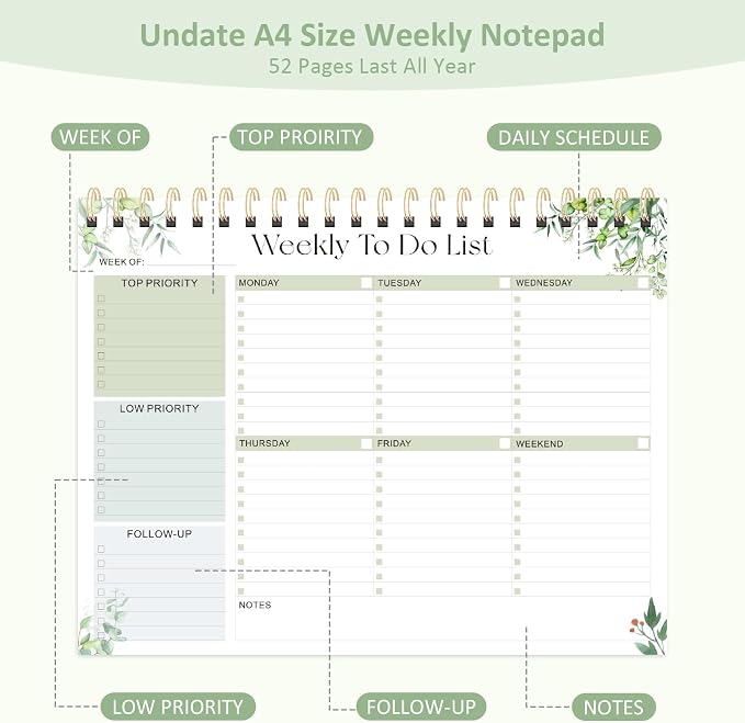 Weekly To Do List Notepad, 52 Undated Sheets (8.5"×11"), Undated Weekly Planner for Women & Men, Desk Accessories and Supplies for Office, Home, and School