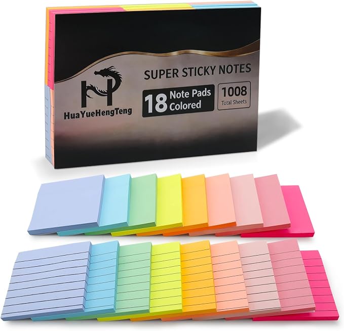 18 Pack Lined and Blank Pads 3x3 Sticky Notes Bulk Pack 9 Colors 56 Sheets | Back to School Supplies for Students;Clean To-Do Lists;Office Supplies for Professionals