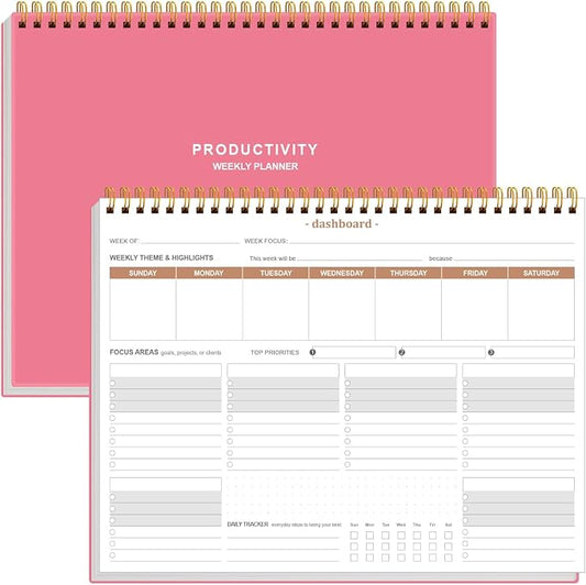 Weekly Productivity Planner - 8.5" x 11" Dashboard Desk Notepad Has 6 Focus Areas to List Tasks for Goals, Projects, Clients, Academic or Meal-Organize Your Daily Work Efficiently, 54 Weeks, Pink