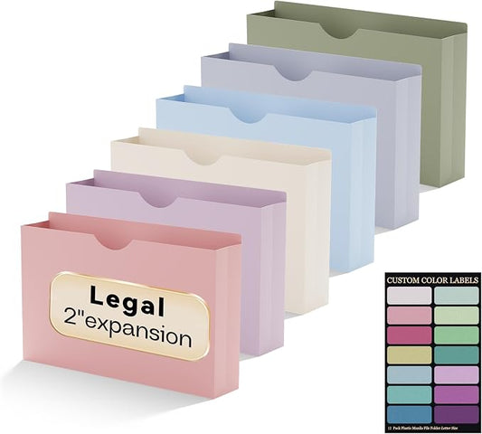 Plastic 2 Inch Expandable File Jackets Legal Size,12 Pack | Manilla Pocket Folders,File Jackets for Document,Expansion Pocket,Straight Cut Tab,Poly Project File Jacket,Pastel Color