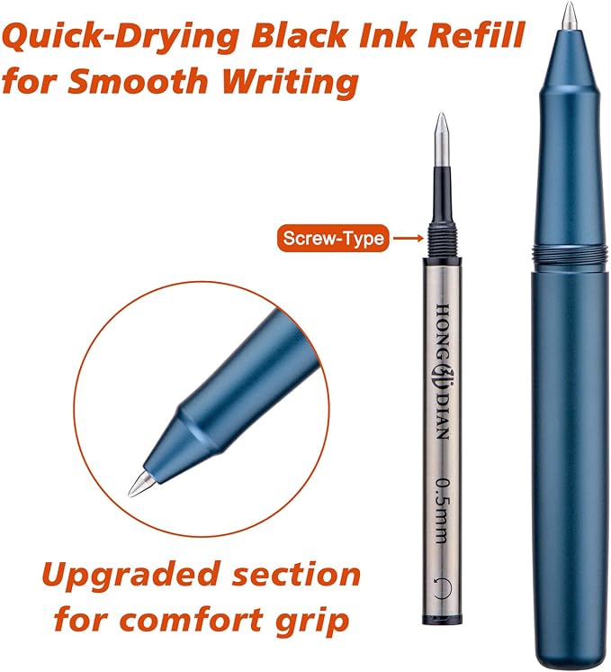 HONG DIAN M2 Black Forest Mini Rollerball Pen, Fine Point 0.5mm, Sleek Aluminium Pocket Pen with Black Ink Refill, Ideal for Travel & Signature (Midnight Blue)