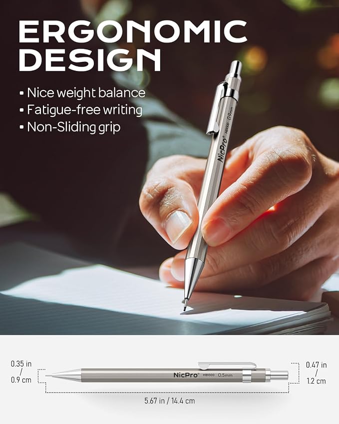 Nicpro 4 Pack Metal Mechanical Pencil Set 0.9mm, MB1000 Lead Drafting Pencil 0.9 mm with 6 Tube HB #2 Lead Refill, 3PCS 4B Eraser, 9 Cap Eraser for Artist Writing, Sketching, Drawing- Come with Case | 6 Tube HB #2 Lead Refill, 3PCS 4B Eraser, 9 Cap Era...