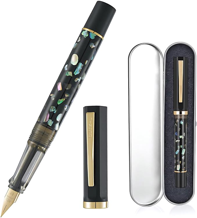 Jinhao 58 Fountain Pen - Natural Sea Shell Inlay Extra Fine Nib Writing Pen with 3.4mm Ink Converter & Silver Metal Gift Box,Matte Black