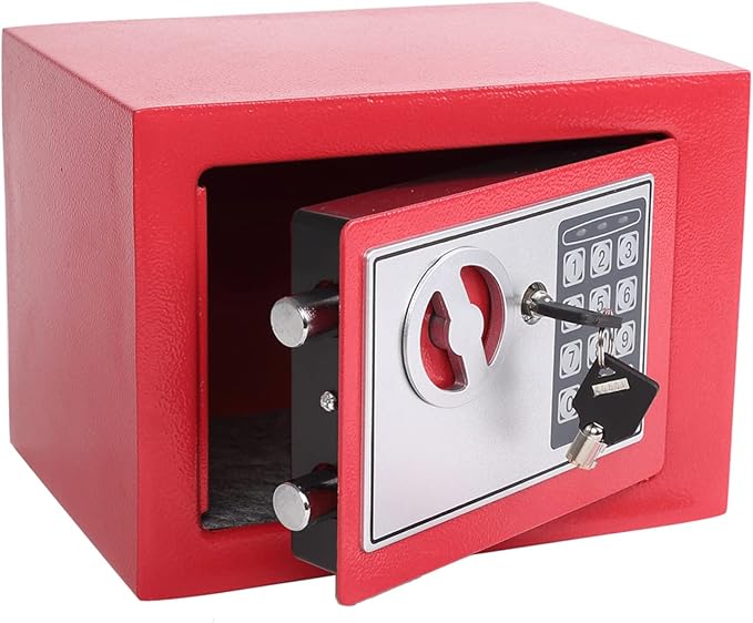 Yuanshikj Small Steel Security Safe Box with Keypad,Key;0.23 Cu Ft, Red | Electronic Digital Secure,9.1" W x 6.7" D x 6.7" H,Hidden for Home Dorm Apartment Hotel Office Cash Jewelry Storage