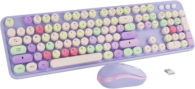 Kootop Wireless Computer Keyboard and Mouse Combo,Colorful Purple | Ergonomic Full Size Typewriter Retro Round Keycaps Keyboard, Compatible with Windows, PC, Perfer for Home and Office