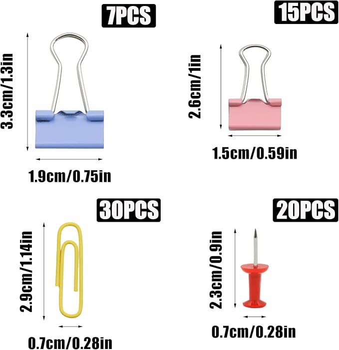 Office Supplies Set, Paper Clips, Push Pins and Binder Clips Set with Box for Office, School and Home(Mixing Colors)