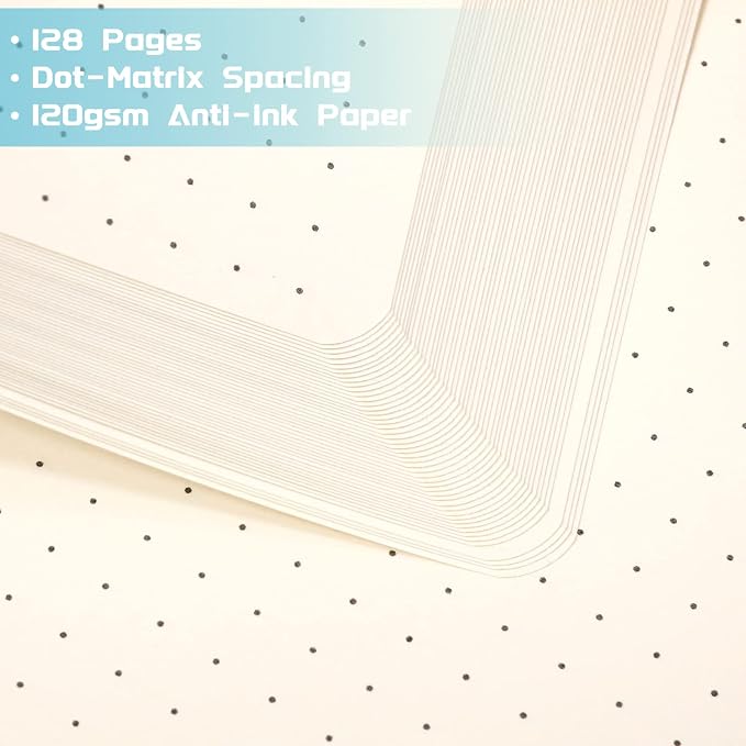 Dotted Journal/Notebook - Dot Grid Hard Cover Notebook, Premium Thick Paper with Fine Inner Pocket, Black Smooth Faux Leather, Pen Loop, 5.3'' x 8.26'' - Light Blue