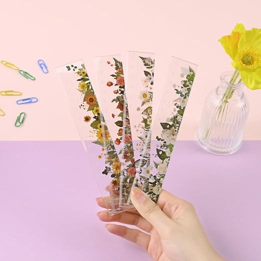 BAYTORY 4 Pack Clear Plastic Rulers 6 Inch, Aesthetic Acrylic Small Ruler | Measuring Drafting Metric Bulk Mini Ruler with Centimeters for School Home Office (Clear Flower 6 Inch)