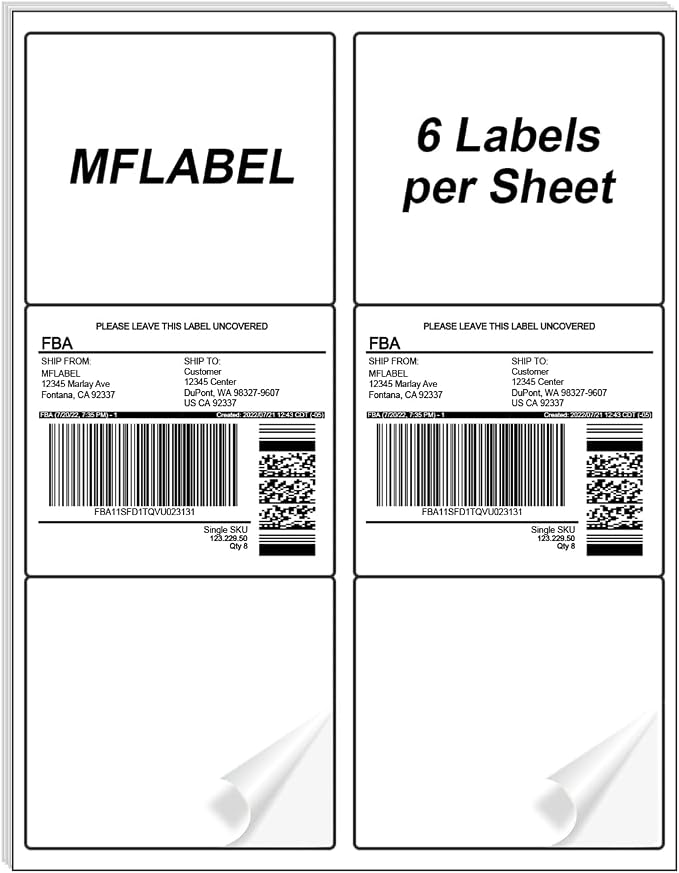 MFLABEL 3-1/3" x 4" Shipping Address Sticker, FBA Labels, 6-UP Sticker Label, White Shipping Label, Easy to Peel, Address Paper for Laser/Ink Jet Printer, 6 Per Page (1800 Labels, 300 Sheets)