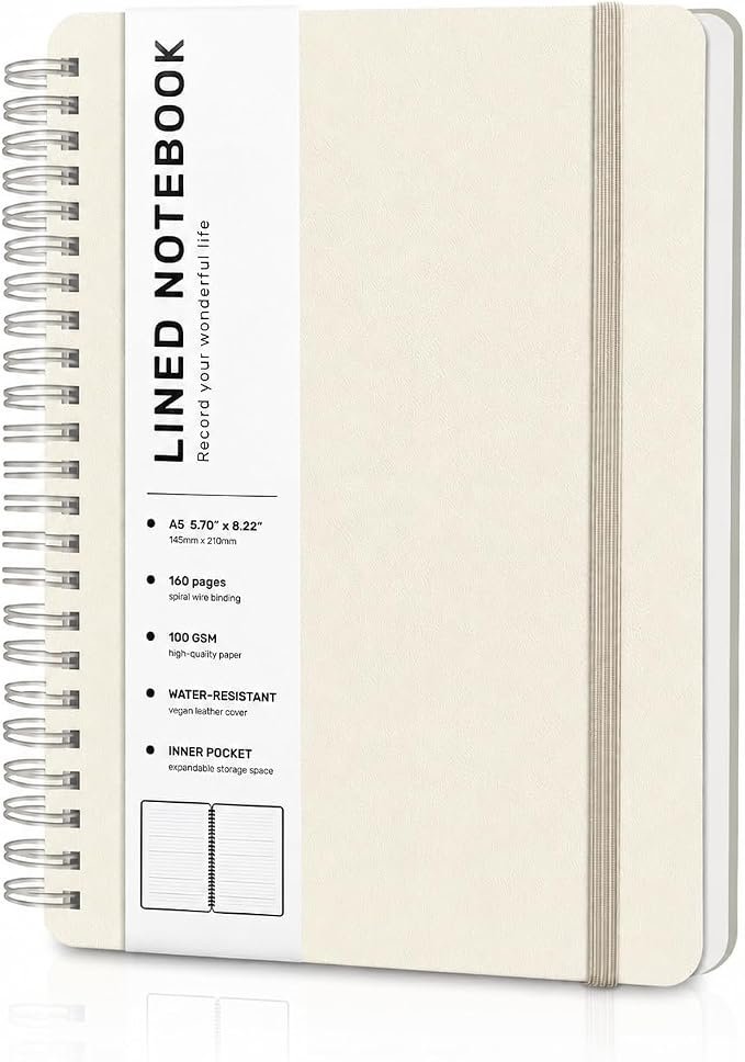 ABERLLS Lined Spiral Journal Notebook with 160 Pages, 8×5.7in, A5 Spiral Notebook, Journaling Notebooks for Work, School, Women, Men, College Ruled Spiral Notebook, Hardcover Leather Journals, Beige