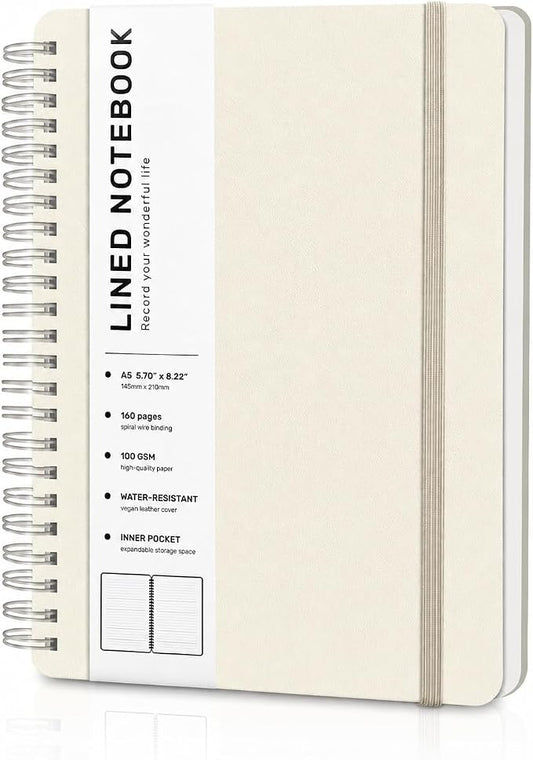 ABERLLS Lined Spiral Journal Notebook with 160 Pages, 8×5.7in, A5 Spiral Notebook, Journaling Notebooks for Work, School, Women, Men, College Ruled Spiral Notebook, Hardcover Leather Journals, Beige
