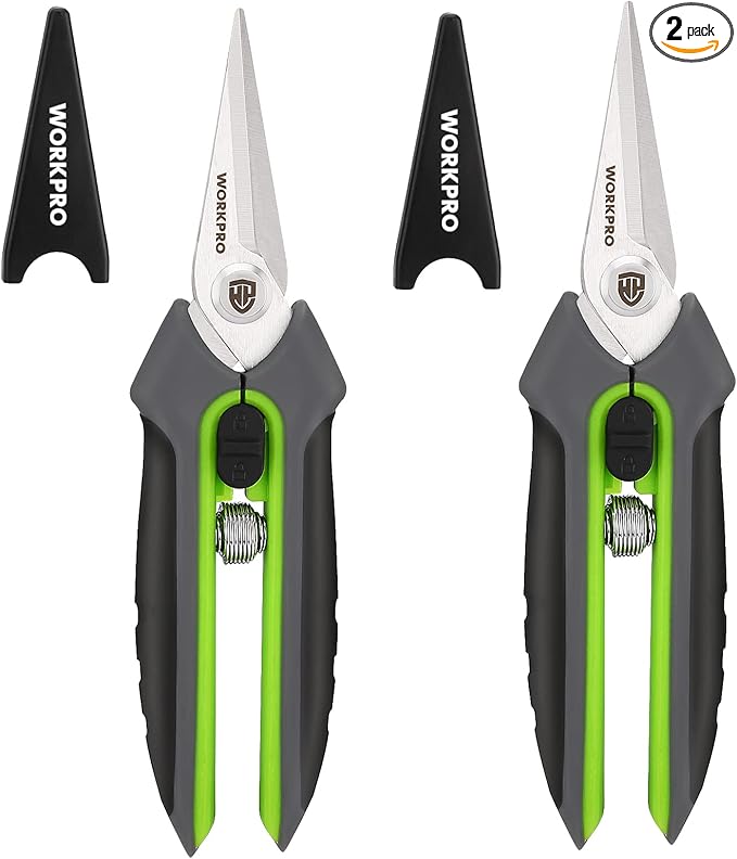 WORKPRO 2 Pack Garden Pruning Shears, 6.5" Small Hand Pruners with Sheath | Sharp Straight Blades, Spring Loaded Design, Precision Microgreen Trimming, Ideal for Flowers, Weeds & Bonsai