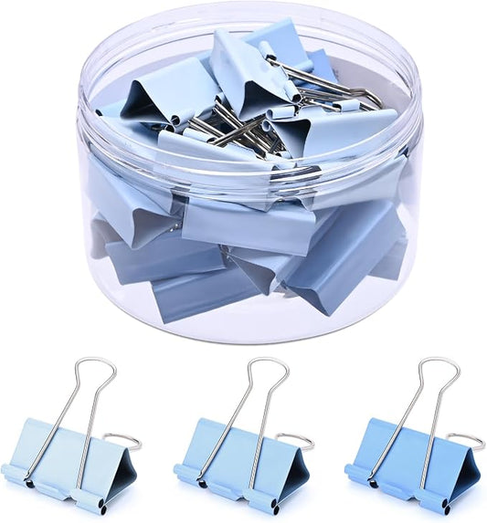 Temiary Aesthetic Binder Clips, Large Metal Binder Clip with Clear Storage Container, Binding Paperwork Clamps for School Teachers Office Supplies (Blue 1.6 Inch, 24P)
