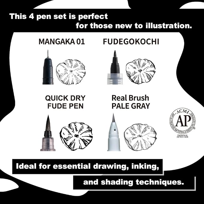 Kuretake Zig Inktober pen set, for Illustration, Manga Drawing, Lettering and Calligraphy, Professional Artist, Made in Japan (Basic No.4(4pcs.))