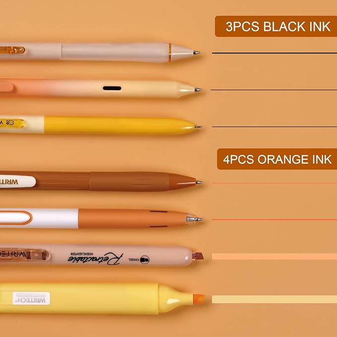 WRITECH Gel Pens Journaling Highlighters: Journal Set Aesthetic Assorted Pastel Color Ink 0.5mm Fine Point Retractable 0.7mm Black Pen Smooth Writing Drawing No Bleed 7ct (Orange)