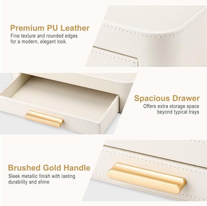 GORESE PU Leather Valet Tray with Drawer, Nightstand Organizer Catch All Tray for Jewelry Perfume Purse Trinket Key Holder, EDC Trays for Desk Vanity Entryway Table, Gift for Women Men, Cream White
