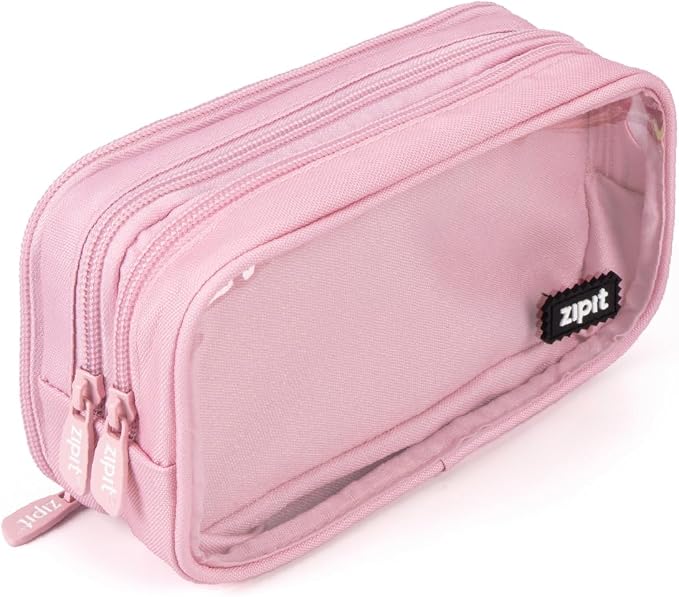 ZIPIT Half & Half Pencil Case for Girls, Aesthetic 3 Compartment Zipper Pouch for School, Stationery Bag for Teen and Adults, Pink