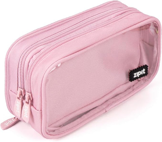 ZIPIT Half & Half Pencil Case for Girls, Aesthetic 3 Compartment Zipper Pouch for School, Stationery Bag for Teen and Adults, Pink