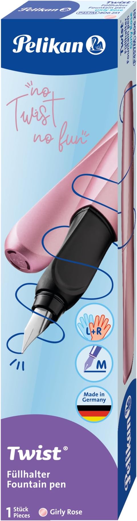 Pelikan Twist Fountain Pen with 1 Ink Cartridge, Medium Nib, Girly Rose, Boxed (806251)