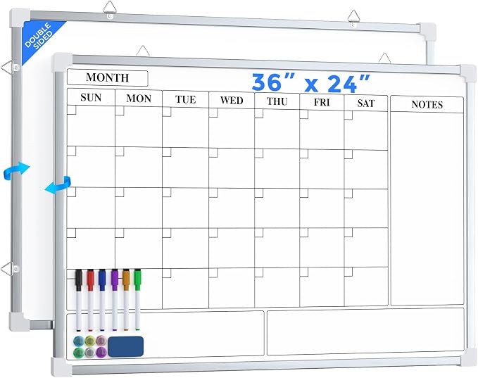 MaxGear Double Sided Magnetic Dry Erase Board Calendar, 36" x 24" | Aluminum Frame Whiteboard for Wall, Double-sided, Monthly Planner, 6 Markers & 6 Magnets included, portable for Home, Office