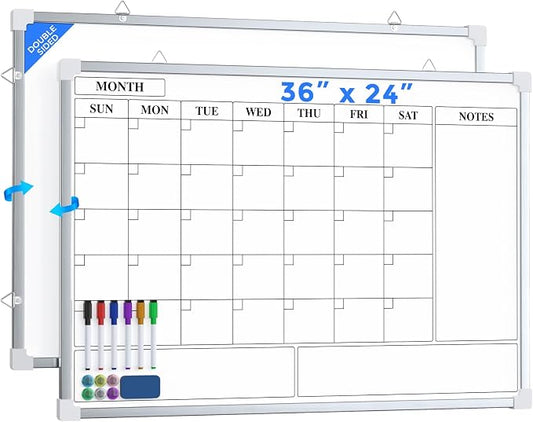 MaxGear Double Sided Magnetic Dry Erase Board Calendar, 36" x 24" | Aluminum Frame Whiteboard for Wall, Double-sided, Monthly Planner, 6 Markers & 6 Magnets included, portable for Home, Office